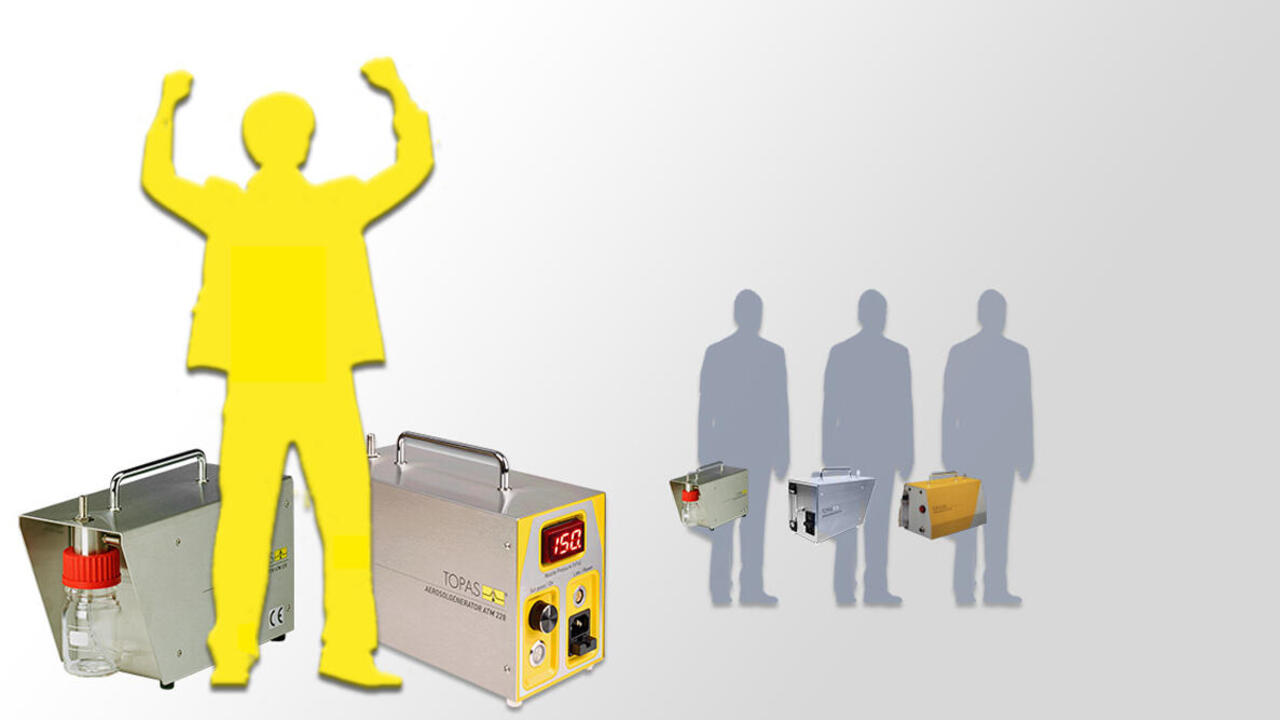 Cheering yellow figure in front of ATM 228 and ATM 226, behind them three small gray figures standing with older aerosol generators in their hands